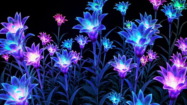 A vibrant video still of glowing neon flowers shot from a low angle against a dark background, creating a surreal, futuristic garden scene. Live desktop wallpaper.