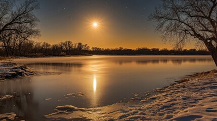 Serene Winter Sunset over Frozen Lake