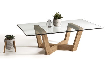 Glass coffee table with a potted plant on top of it