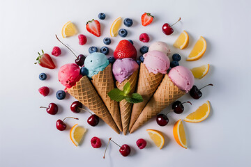 A vibrant flat lay of ice cream cones