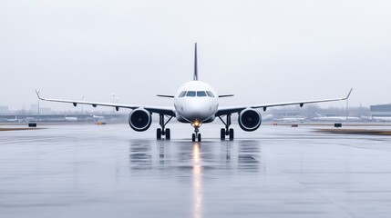 A commercial airplane preparing for takeoff on a wet runway, overcast sky and foggy atmosphere, and front view composition with landing gear deployed.