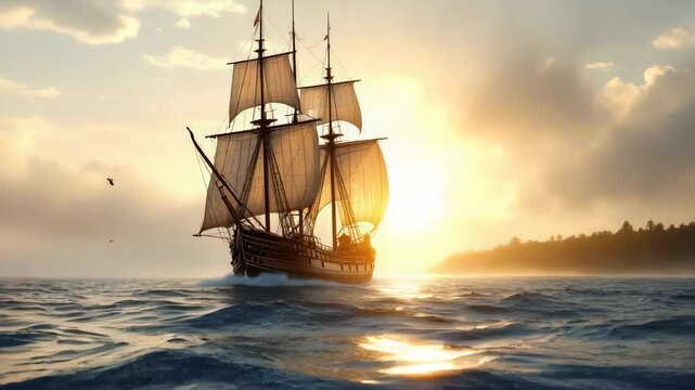 Mayflower Sailing at Sunrise near New England Coast &ndash; Peaceful Historical Scene

