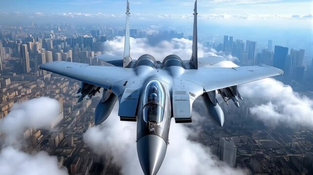 Fighter jet Su-35 soars above city skyline showcasing advanced aviation technology and breathtaking aerial views
