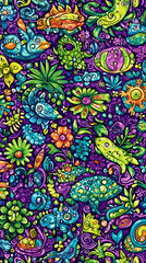 Fototapeta premium Vibrant whimsical floral and reptile pattern, perfect for textile design or phone wallpaper