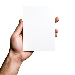 Obraz premium Hand Holding Blank White Card Mockup PNG Transparent Background Isolated Empty Space for Advertisement Message Text or Design Male Hand Showing Square Paper Sheet Displaying Information Note