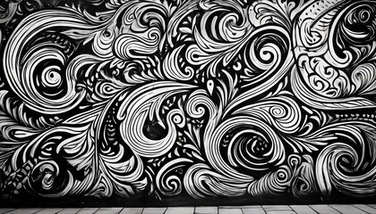 BlackandWhite Graffiti Pattern on Wall Striking Urban Art in Jerez, Spain, Showcasing Intricate Geometric Designs against a Gritty Texture, Evoking a Vibrant and Energetic Atmosphere.