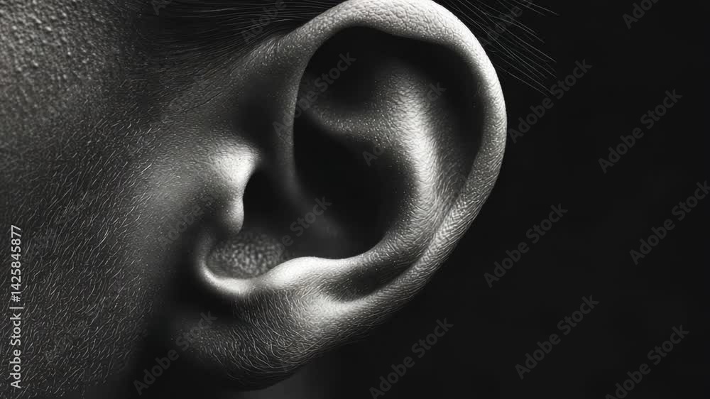 Poster close up view revealing human ear subtly changing shape against dark background, demonstrating intri