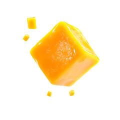 Mango cube slice piece with small mango chunks isolated on white background mango juice splash fruit candy jelly cheddar cheese cut out clipping path 3d render illustration