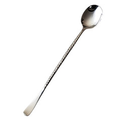 An elegant twisted bar spoon, perfect for stirring cocktails, gleaming under studio light against a plain white background.