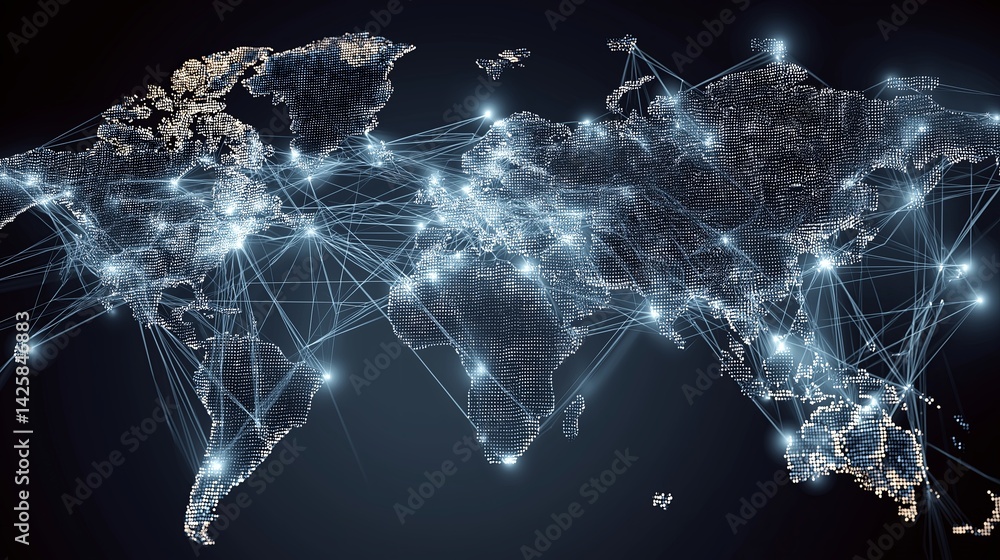 Leinwandbilder global business network represented by connected world map nodes