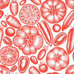 Hand Drawn Tomato Illustration. Retro Vegetable Vector Seamless Pattern. Old School Farm Food.