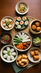 A Delicious Asian Feast: Dumplings, Noodles, Rolls, and More Arranged Artistically for a Culinary Adventure.