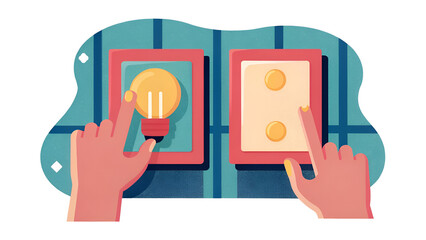Frugal Living Budgeting Saving Hands interacting with light switches in a colorful, stylized illustration.