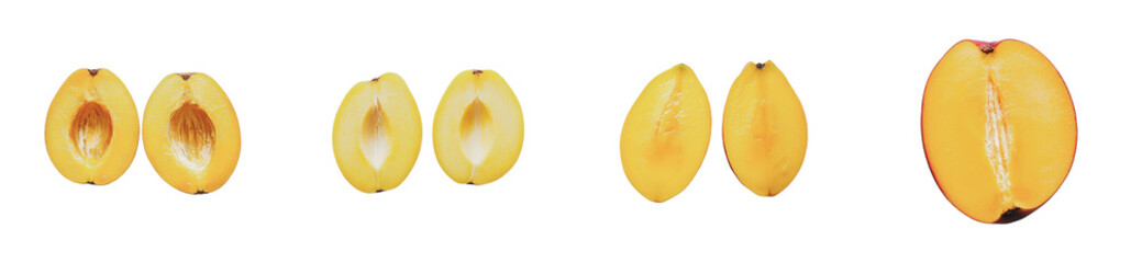 Sliced fresh peaches displaying juicy texture and seed, cut out - stock png.