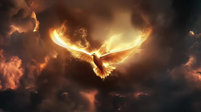 A white pigeon with fiery wings flying through fire and dense smokes in dramatic scene
