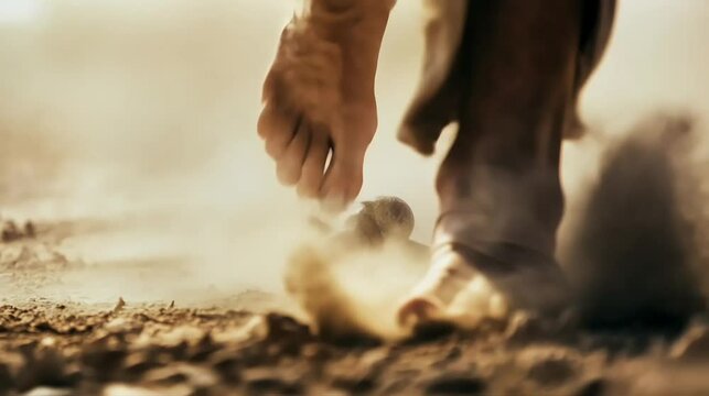 feet running on desert ground, with a snake crawling on ground in a slow-motion dramatic scene