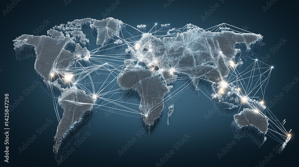 Poster Global business network represented by connected world map nodes
