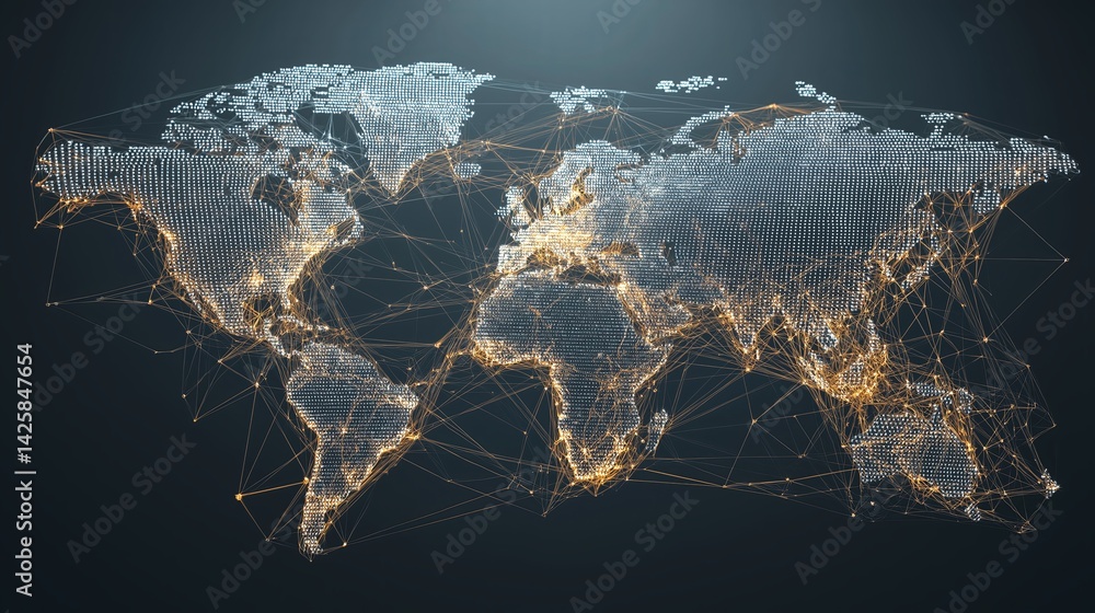Poster Global business network represented by connected world map nodes