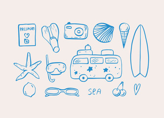 Sea life doodle hand drawn vector illustrations. Ocean life in blue color