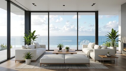 Naklejka premium Bright living room with ocean view featuring white sofas and plants in a modern design