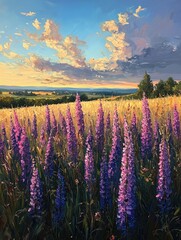 Fototapeta premium Field of purple flowers under a blue sky with clouds at sunset.