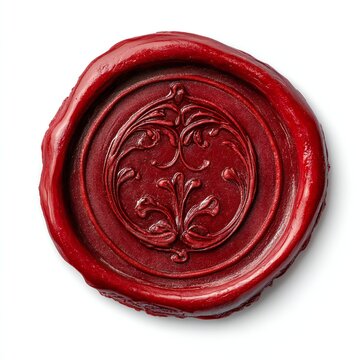 Ornate, red wax seal with intricate design.