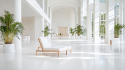 Fototapeta premium White Lounge Chair Tropical Plants Minimalist Style Bright Sunlight Wide Shot Clean Lines Relaxation Modern Lobby Bright White Serene Atmosphere Ideal for Spa Marketing