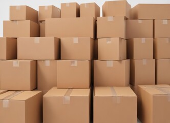 Fototapeta premium Several brown cardboard boxes arranged on a pure white backdrop , delivery boxes, reuse, paper