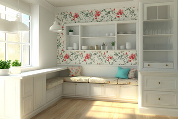 Cozy, floral-patterned alcove kitchen nook design.