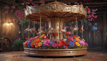 Naklejka premium Whimsical floral carousel, vibrant blooms arranged on rustic wood , floral design, garden flowers