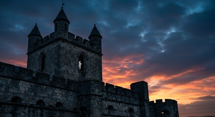 Ghost standing in window of castle at spooky sunset. Halloween holiday ghost story concept. Mystery and fear.