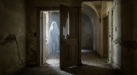 Obraz premium Phantom figure appears in a doorway in an old abandoned house, a concept of fear and paranormal activity suitable for Halloween and scary stories backdrop.