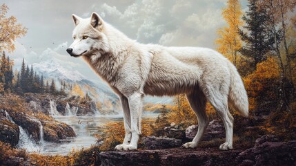 Fototapeta premium Majestic arctic wolf autumn forest waterfall landscape