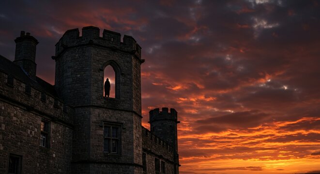 Silhouette of a man or woman stood in a stone archway at the top of a medieval castle at sunset, a dark hood covering their face.