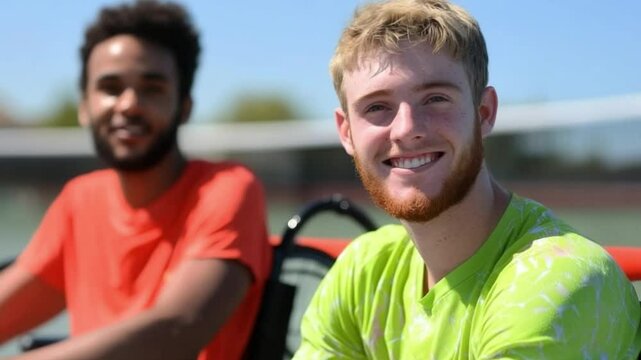 Adaptive tennis players smiling during friendly match in wheelchair-accessible court.