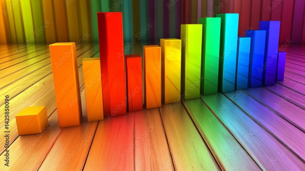Poster a colorful d bar graph with glowing, stacked bars, illustrating progress and data analysis in a vibr
