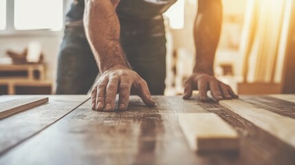 close up man owner a small furniture business is preparing wood for production. carpenter male is adjust wood to the desired size. architect, designer.