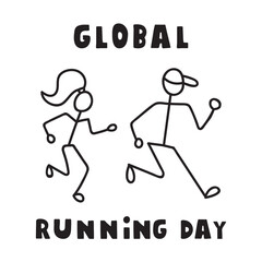 Global running day. Running people. Vector outline illustration on white background.