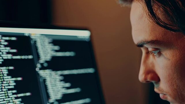 Dedicated software developer working intensely, typing programming code on computer screen, bathed in monitor light inside dimly illuminated workspace during late night hours