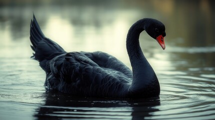 Obraz premium Black swan glides on tranquil water