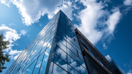 Modern corporate building with glass reflection and blue sky
