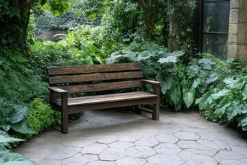 Greenery Surrounding a Wooden Garden Bench