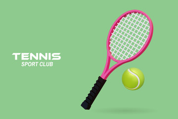 Tennis sport club landing page template, poster, banner design. Vector illustration. 3d realistic pink tennis racket and green tennis ball. Tennis sport equipment.