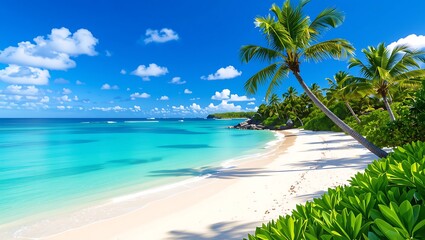 Obraz premium A tropical beach with palm trees and turquoise water under a bright blue sky with clouds