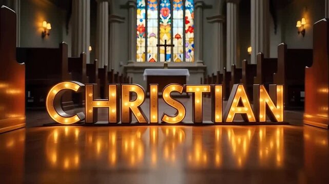 CHRISTIAN illuminated letters written set in a church with stained glass windows