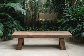 Obraz premium Wooden Garden Bench Surrounded by Greenery