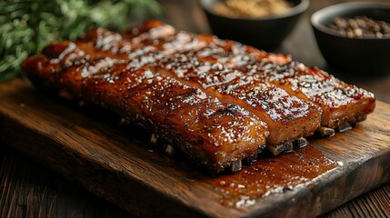 Delicious glazed BBQ pork ribs on wooden board.