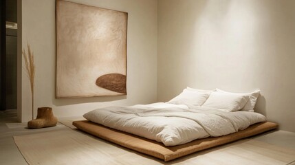 A cozy minimalist bedroom with a low-profile bed, simple bedding, and a large piece of art on the wall, showcasing an uncluttered and peaceful atmosphere.