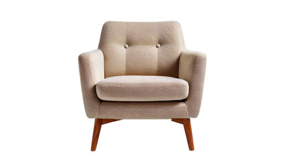 Modern minimalist armchair, light beige fabric with wooden legs, isolated on transparent background, high resolution