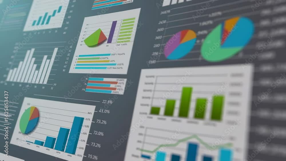 Aufkleber Multiple financial charts and graphs, including pie charts and bar graphs, are displayed on a screen, with the camera smoothly panning across the data visualization
